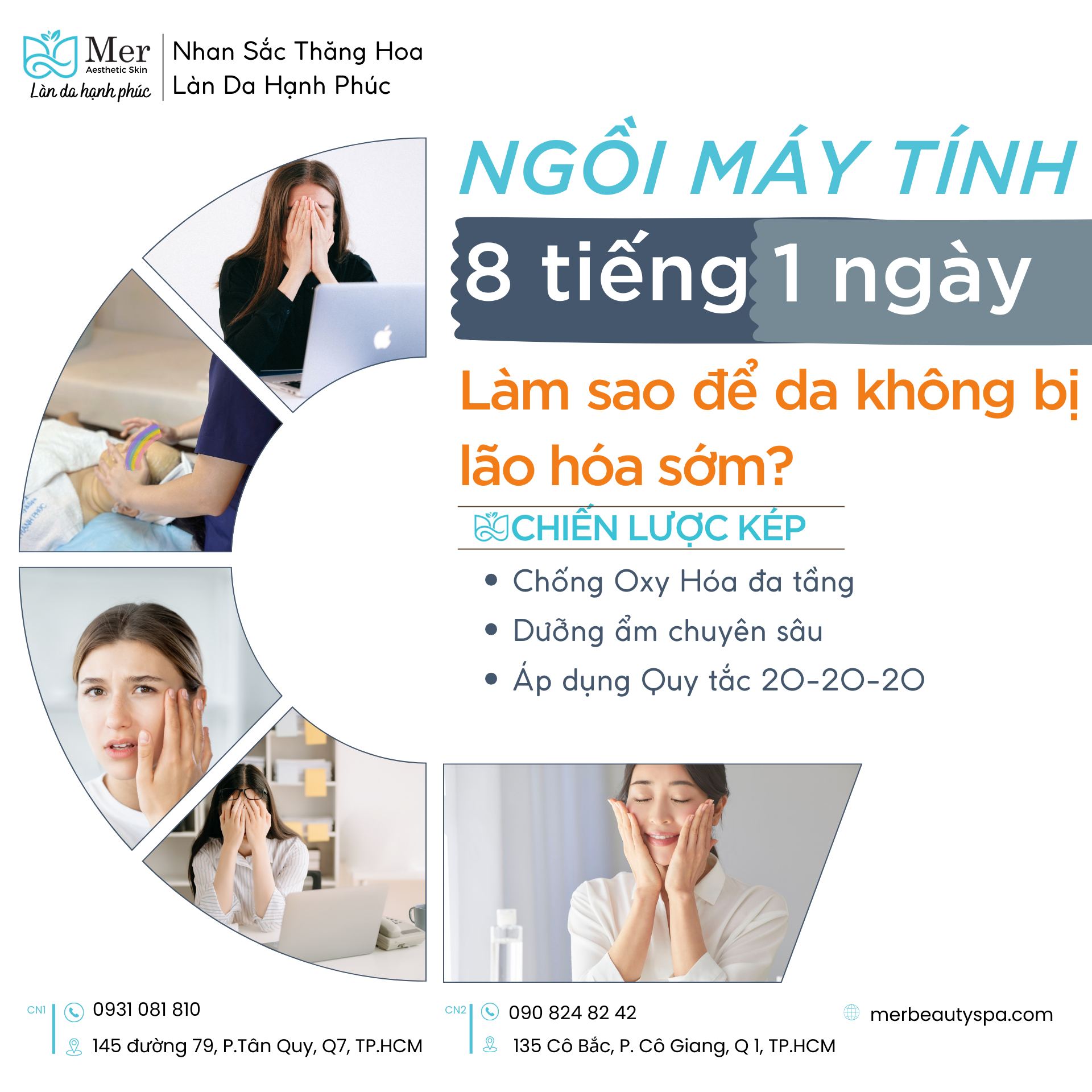 Lão hóa da do ánh sáng xanh khi ngồi máy tính 8 tiếng và cách bảo vệ da tại MER